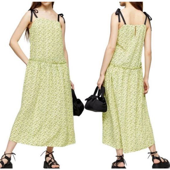 Topshop Dresses & Skirts - NWT Topshop Yellow and Black Floral Print Drop Waist Midi Dress size 8